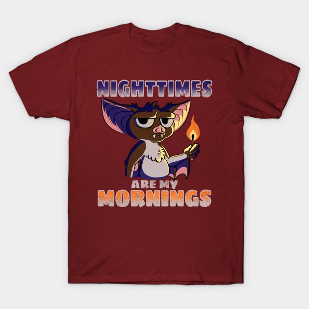 Nighttimes Are My Mornings | Funny Cute Bat Night Fire Spooky Halloween T-Shirt by CrocoWulfo